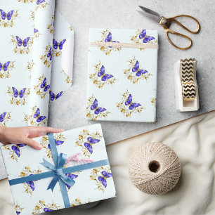 Chic Golden Flowers & blue butterflies monogrammed Wrapping Paper