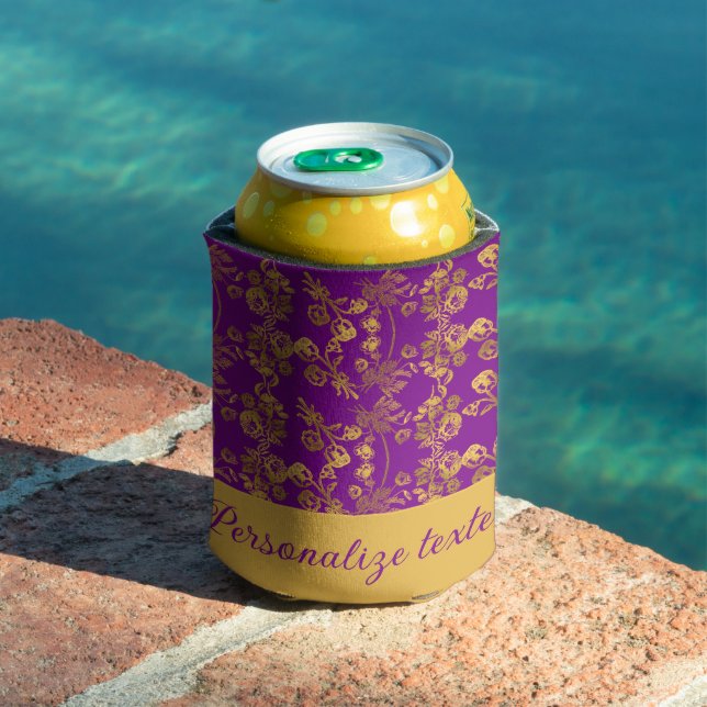 Chic Golden Flowers on purple pattern | Customised Can Cooler (In Situ Pool)