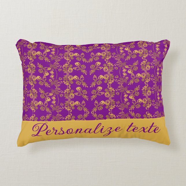 Chic Golden Flowers on purple pattern | Customised Decorative Cushion (Front)
