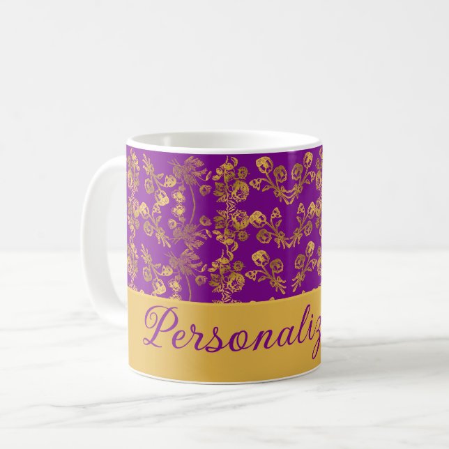 Chic Golden Flowers purple pattern | Personalised Coffee Mug (Front Left)