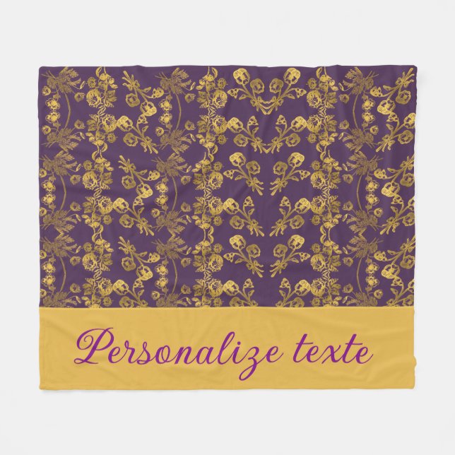 Chic Golden Flowers purple pattern | personalised Fleece Blanket (Front (Horizontal))