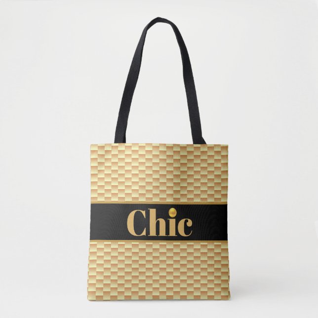 Chic Golden Geometric Pattern & Black belt Tote Bag (Front)