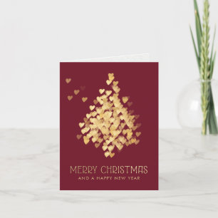 Chic Golden Hearts Christmas Tree Burgundy Red Holiday Card