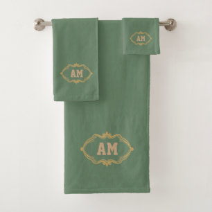 Chic Golden Monogrammed Simple Minimalist Green Bath Towel Set
