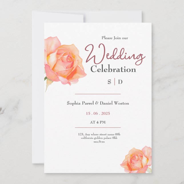 Chic golden peach blush roses wedding invitation (Front)
