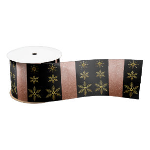Chic Golden Snowflakes and Pink Glitter Christmas Satin Ribbon