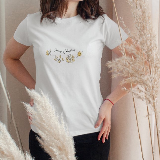 Chic Golden Watercolor Floral Merry Christmas T-Shirt (Creator Uploaded)