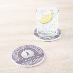 Chic Golfer Silhouette Custom Name Purple Cute Coaster