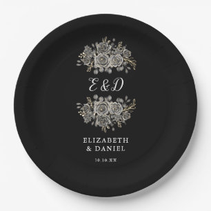 Chic Goth Floral Monogram Wedding Paper Plate
