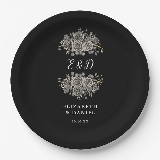 Chic Goth Floral Monogram Wedding Paper Plate (Front)