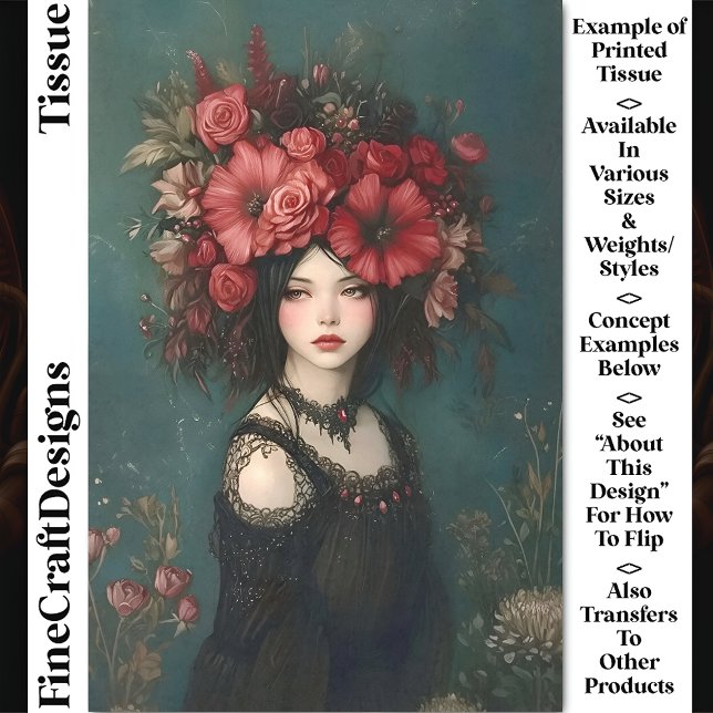 Chic Gothic Woman, Red Flowers Crown CP5 Decoupage Tissue Paper (Creator Uploaded)