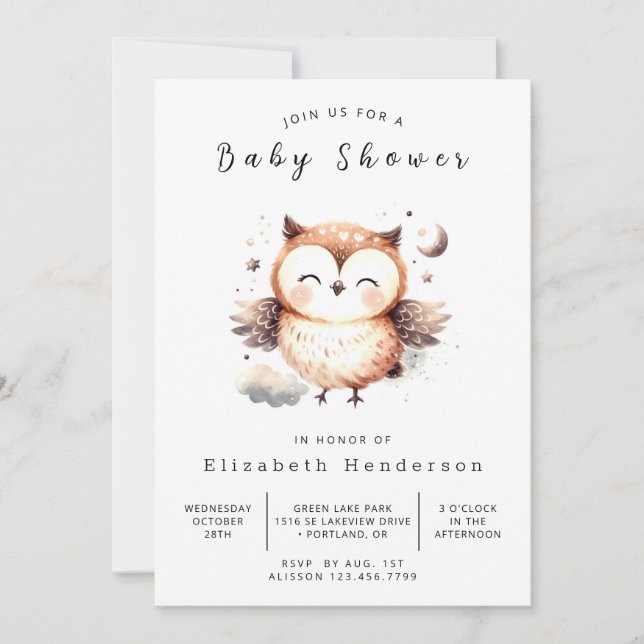 Chic Graceful Owl Baby Shower Invitation (Front)