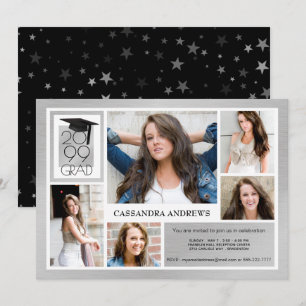 Chic GRAD Cap & Year   Brushed Silver   5-Photo Invitation