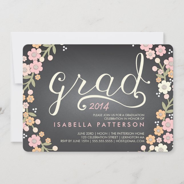 Chic Grad Chalkboard Floral Photo Graduation Invitation (Front)