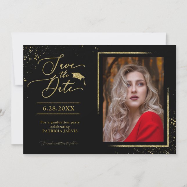 Chic Grad Party Save The Date Gold Glitter Photo Invitation (Front)