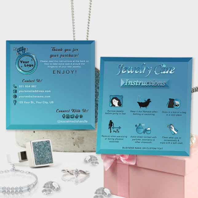 Chic Gradient Teal Blue Jewellery Care Instruction Enclosure Card (Creator Uploaded)