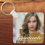 Chic Graduate Photo Personalised 2025 Graduation Key Ring<br><div class="desc">Graduate is written in simple white script over your senior portrait photo for a modern double sided graduation keychain. Customise with your name and class of 2025 under the cursive typography on this contemporary,  minimalist keepsake gift for a college or high school grad.</div>
