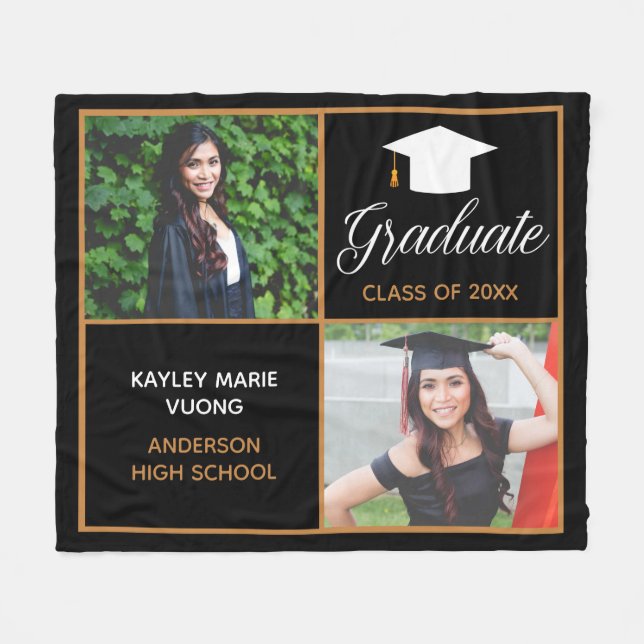 Chic Graduate Senior Photo Black Gold Graduation Fleece Blanket (Front (Horizontal))