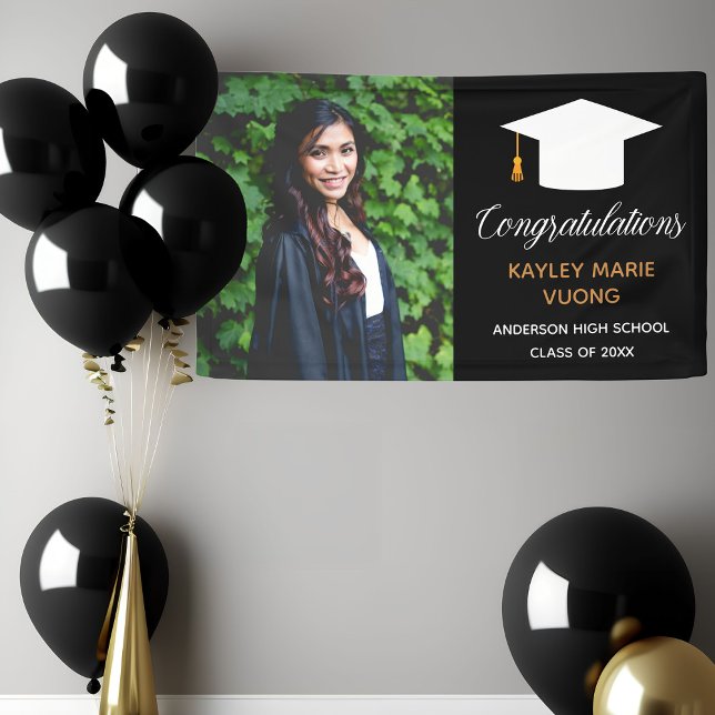 Chic Graduate Senior Photo Black Graduation Party Banner (Creator Uploaded)
