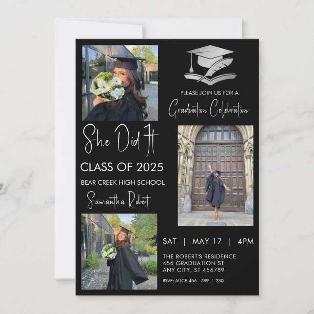 Chic Graduate three photo modern graduation  Invitation (Front)
