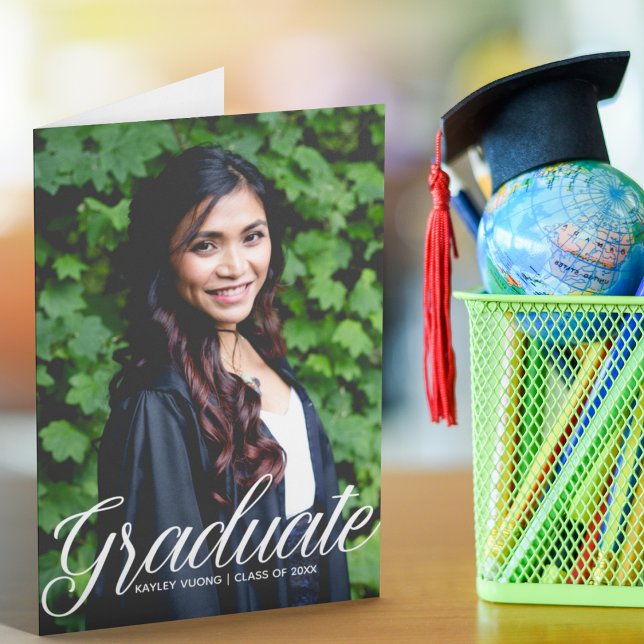 Chic Graduate White Script Overlay Photo Folded Announcement (Creator Uploaded)