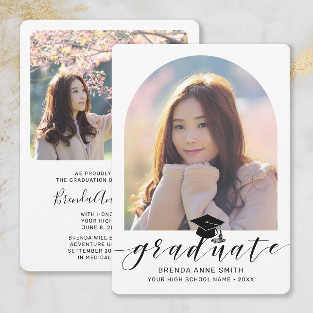 Chic Graduation 2 Photo Black Cap Script on White Announcement (Elegant Graduation 2 Photo Black Cap Script on White Announcement)