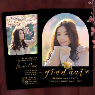 Chic Graduation 2 Photo Gold Cap Script on Black Announcement