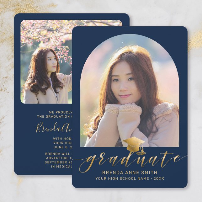 Chic Graduation 2 Photo Gold Cap Script on Navy Announcement (Navy Blue with Gold Script Two Photo Arch Frame Graduation Annoncement)