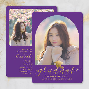 Chic Graduation 2 Photo Gold Cap Script on Purple Announcement