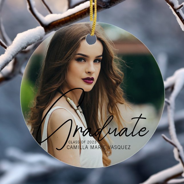 Chic Graduation 2 Photo Script Overlay Christmas Ceramic Tree Decoration (Creator Uploaded)
