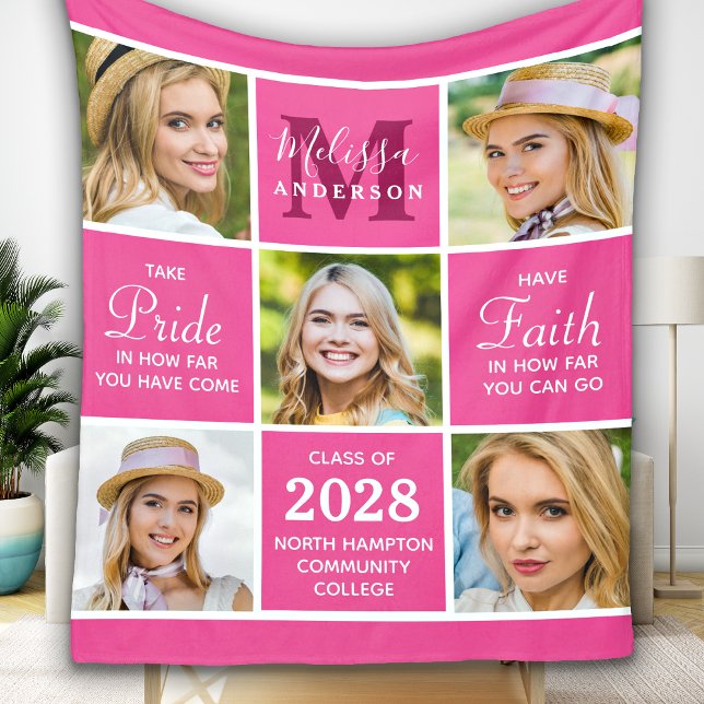 Chic Graduation 5 Photo Collage Pink Graduate  Fleece Blanket (Creator Uploaded)