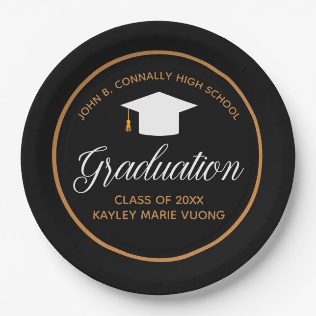Chic Graduation Black Gold Customizable Party Paper Plate (Front)