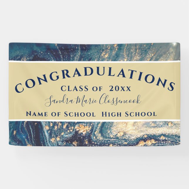 Chic Graduation Blue Marble Swirl Gold Glitter Ban Banner (Horizontal)