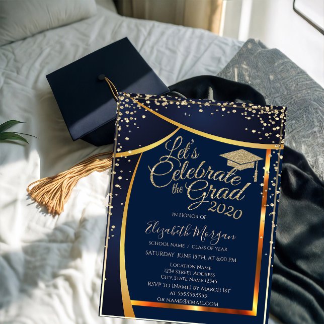 Chic Graduation Cap Diamonds Navy Blue Graduation Invitation (Creator Uploaded)