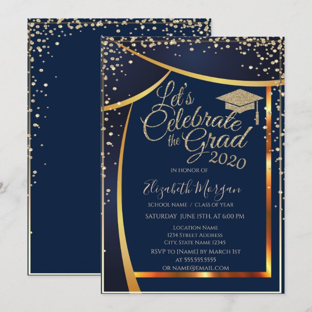 Chic Graduation Cap Diamonds Navy Blue Graduation Invitation (Front/Back)