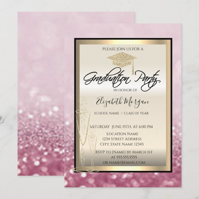 Chic Graduation Cap,Glass Glitter Bokeh Graduation Invitation (Front/Back)