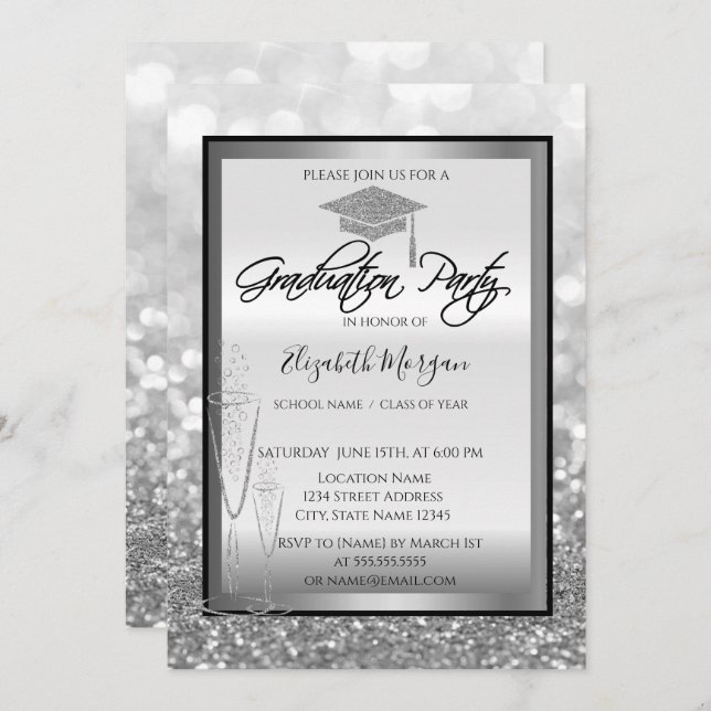 Chic Graduation Cap,Glass Silver Bokeh Graduation Invitation (Front/Back)