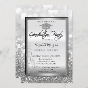 Chic Graduation Cap,Glass Silver Bokeh Graduation Invitation
