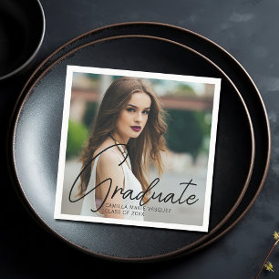 Chic Graduation Photo Black Script Overlay Party Napkin
