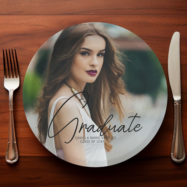 Chic Graduation Photo Black Script Overlay Party Paper Plate (Creator Uploaded)