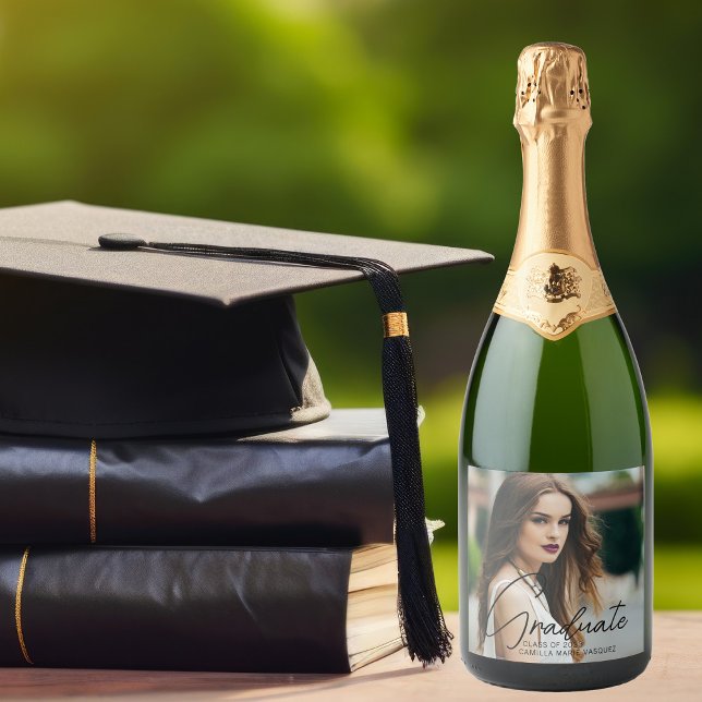 Chic Graduation Photo Black Script Overlay Party Sparkling Wine Label (Creator Uploaded)