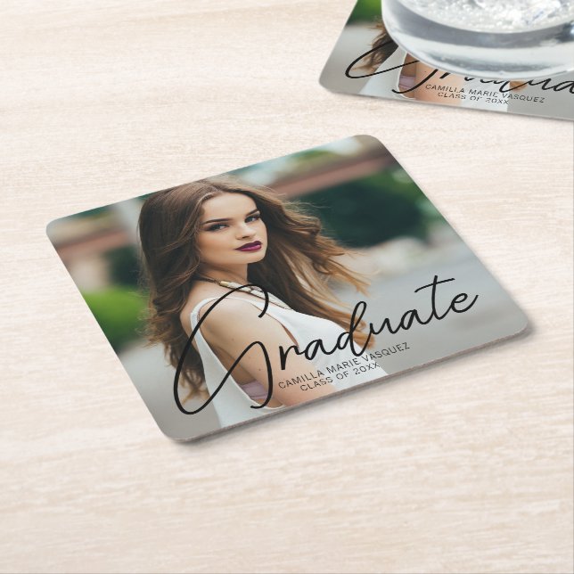 Chic Graduation Photo Black Script Overlay Party Square Paper Coaster (Angled)