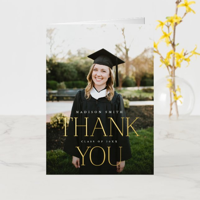 Chic Graduation Photo Gold Foil Thank You Card (Yellow Flower)