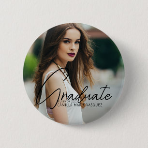Chic Graduation Photo Handwritten Script Overlay 6 Cm Round Badge