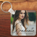 Chic Graduation Photo Handwritten Script Overlay Key Ring<br><div class="desc">This chic graduation keychain gift features sophisticated handwritten black script over a trendy full photo of your graduate. Customize this modern grad present with your grad year and name and a 2nd full photograph on the back.</div>