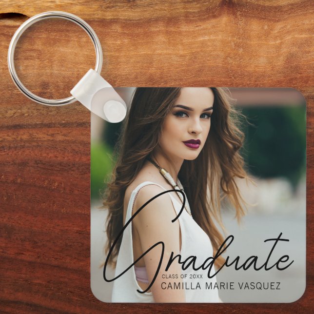 Chic Graduation Photo Handwritten Script Overlay Key Ring (Front)