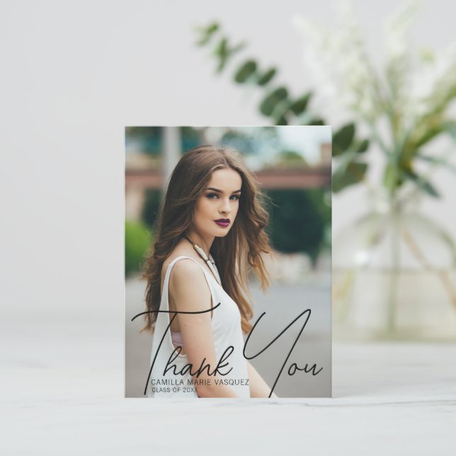 Chic Graduation Photo Thank You Script Overlay Postcard (Standing Front)
