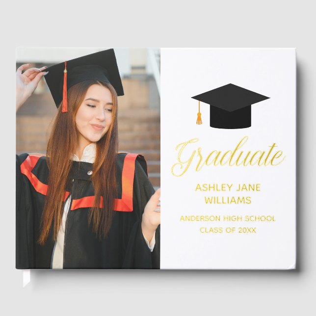 Chic Graduation Senior Portrait Photo Gold Foil Guest Book (Front)