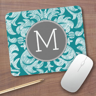 Chic Gray and Teal Damask Pattern Custom Monogram Mouse Mat