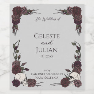 Chic Gray Skulls & Roses Gothic Wedding Wine Label